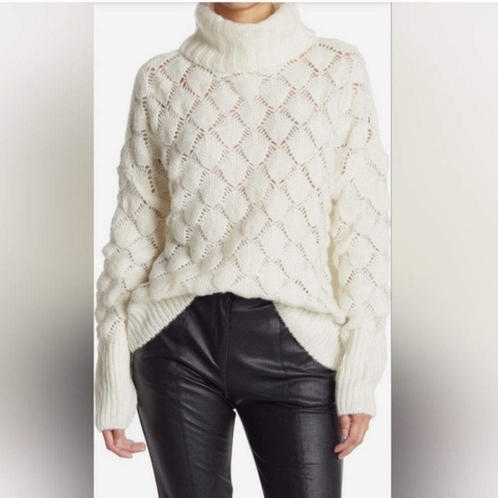 FRNCH Paris Sz SM Cream Bubble Stitch Open Knit Turtleneck Sweater Small - Picture 3 of 7